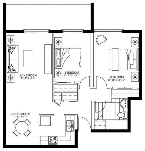 Floor plan for 2 beds, 1 bath, 849 sqft